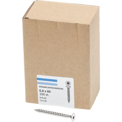 Afbeelding van Spaanplaatschroef RVS 6,0 x 60 mm, Torx25 (100 stuks)