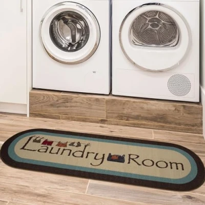 Afbeelding van Wasruimtekleed in machine wasbaar met randen antislip rubberback 2 x 5 wasloper tapijt voor wasruimte, badkamer, 20 59 inch ovaal, beige