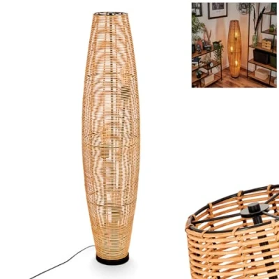 Afbeelding van Staande lamp mulstrand, moderne vloerlamp van metaal/rotan in zwart/natuur, boho design met kap roosterlook, aan /uitschakelaar op de kabel en lichteffect, 3 x E27, zonder