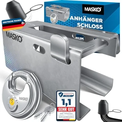 Afbeelding van MASKO® Aanhangerslot met insteeksysteem voor gekoppelde en ontkoppelde aanhangers, diefstalbeveiliging, caravanslot, inclusief discusslot, sleutel beschermkap, zilver