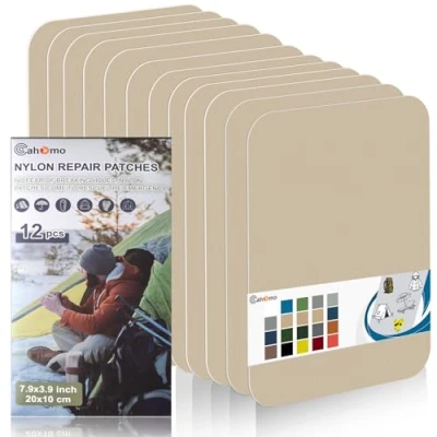 Afbeelding van Cahomo Nylon reparatiepatches, 12 stuks, 20 x 10 cm, zelfklevend, waterdichte nylon, voor jassen, tenten en bovenkleding, donkerbeige