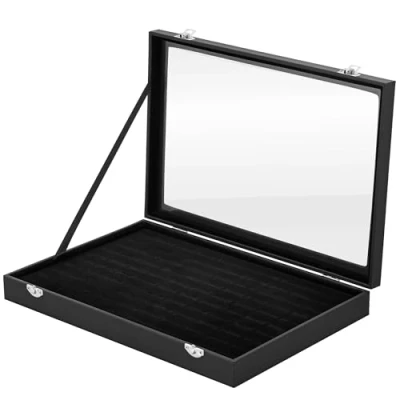 Afbeelding van H&amp;S Glazen deksel 100 Ring Sieraden Display Opbergdoos Lade Case Organizer Zwart