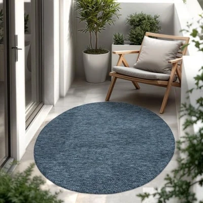 Afbeelding van Paco Home Tapijt Vloerkleed In &amp; Outdoor Balkon Terras Keukenvloerkleed Eenkleurig Gemêleerd Patroon, Maat:Ø 120 cm rondje, Kleur:Blauw