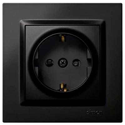 Afbeelding van Simon Schuko inbouwdoos, serie 10, 250 V, 16 A, plat en dun wandstopcontact, eenvoudig te installeren, inclusief frame, deksel mechanisme, vrouwelijk stopcontact, zwart