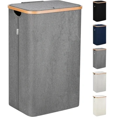 Afbeelding van Lonbet Grijze Wasmand met deksel en handgrepen XXL 100 L, grote wasmand, wasbak, Laundry basket with lid &amp; handles