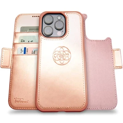 Afbeelding van Dreem Fibonacci compatibel met iPhone 14 Pro portemonnee case / 2 in 1 schokbestendig hoesje en afneembare veganistisch lederen folio, MagSafe compatibel, RFID bescherming [Roos]