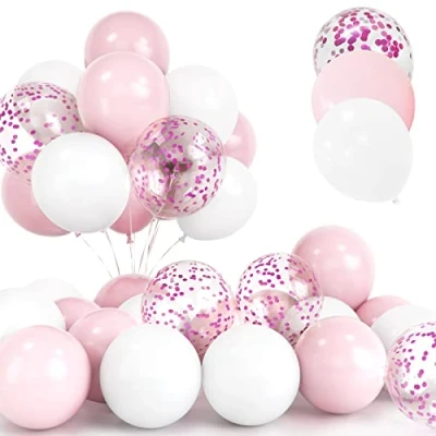 Afbeelding van 30 Stuks Roze Ballonnen set, 12 inch Confetti en Witte Helium Latex met lint voor Verjaardag Bruiloft Kinderen Baby Shower Party Decoraties