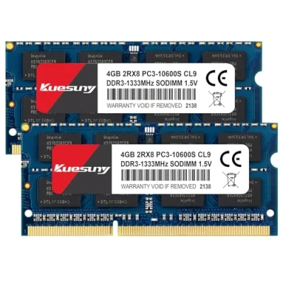 Afbeelding van Kuesuny 8GB Kit (2X4GB) DDR3 1333MHz Sodimm Ram PC3 10600 10600S 1.5V CL9 204 Pin 2RX8 Dual Rank niet ECC gebufferd geheugen Ideaal voor notebook laptop upgrade