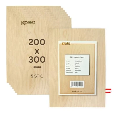 Afbeelding van KF Holz 5 multiplexplaten berkenhout, 20 x 30 cm, 3 mm, hoogwaardige voor knutselwerk, houtsnijden, modelbouw