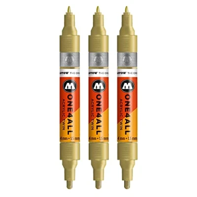 Afbeelding van Molotow One4All acryl Twin Marker (lijndikte 1,5 mm en 4 mm, zeer dekkend permanent) 3 stuks kleur 228 metallic goud