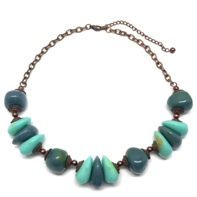 Afbeelding van Behave Ketting kralenketting dames brons kleur blauw turquoise kralen 40 cm
