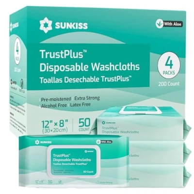 Afbeelding van SUNKISS Trustplus Vochtige doekjes voor volwassenen, extra dik, 20 x 30 cm, lichaamsreinigingsdoekjes met aloë oudere incontinentie en reiniging, 200 stuks (4 verpakkingen van 50)