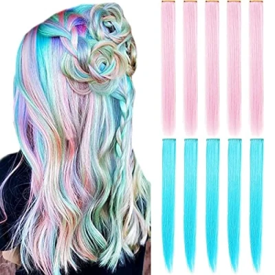 Afbeelding van LVSHANGMAO Multicolors Party Highlights Steil haar Gekleurde clip in synthetische haarextensies meerdere kleuren 8PCS Hittebestendig lang haarstukje (lichtroze hemelsblauw)