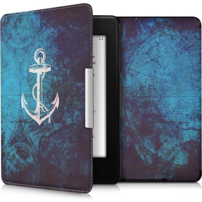 Afbeelding van kwmobile E reader hoesje geschikt voor Amazon Kindle Paperwhite hoes flip case met magnetische sluiting Ereader cover Anker en Landkaart design in wit / blauw