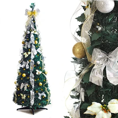 Afbeelding van Beste kunstmatige vooraf versierde pop up kerstboom met verlichting, 1.83 m (wit/goud)