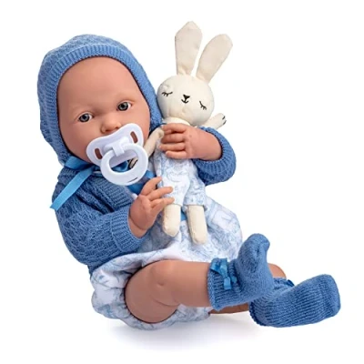 Afbeelding van JC TOYS La Newborn Pop voor pasgeborenen, 38 cm, van zacht vinyl, collectie Royal, kleding met Toile de jouy tekening, fopspeen en pluche kind, blauw, ontworpen in Spanje door Berenguer, 2 jaar
