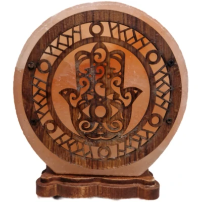 Afbeelding van Zoutsteen lamp hamsa hand rond deco incl. elektra