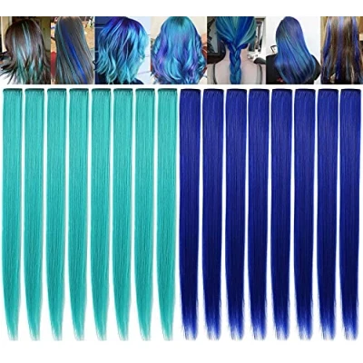 Afbeelding van JCHDWSGUO 2 kleur 16 Pcs Gekleurd Haar Extensies, Party Highlights 21 inches Recht Lang Haarstuk Accessoires voor Meisjes Vrouwen Kids, Mode Haarstukken (Blauw, Turquoise)