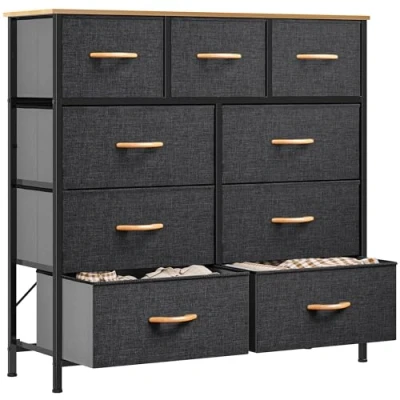 Afbeelding van YITAHOME Commode, stoffen dressoir met 9 laden, organizereenheid voor slaapkamer, woonkamer, hal, kasten en kinderkamer stevig stalen frame, houten blad gemakkelijk te trekken lade (koel grijs)