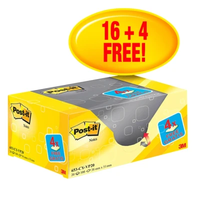 Afbeelding van Post it Notes, ft 38 x 51 mm, geel, blok van 100 vel, pak 16 + 4 gratis memoblok