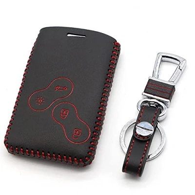 Afbeelding van Happyit Lederen autosleutelhoesje sleutelhanger voor Renault Clio Scenic Megane Duster Sandero Captur Twingo Koleos 4 toetsen afstandsbediening (rood)