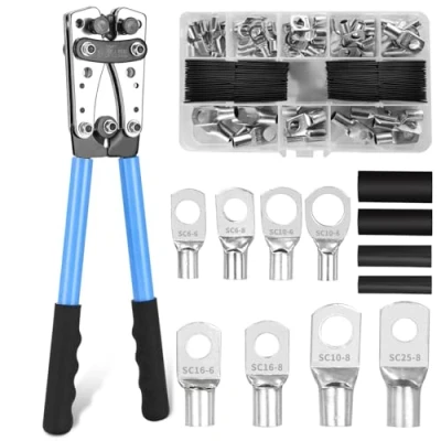 Afbeelding van Accukabelschoen, krimptang 10 1/0 AWG, grote kabelschoen tang 6/10/16/25/35/50 mm² met 8 maten 60 stuks koperen ringklemmen + 80 krimpkousen