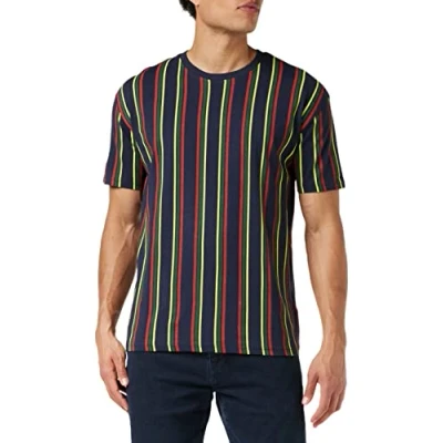 Afbeelding van Urban Classics Tshirt Printed Oversized Retro Stripe TEE print, Heren, Maat: Medium, Midnightnavy/burnedred