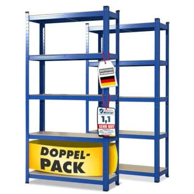 Afbeelding van KARAT rek voor zware belasting, set van 2 opknoping rek, kelderrek, opbergrek TÜV/GS getest 5 verstelbare planken (blauw, 40 x 90 180 cm)