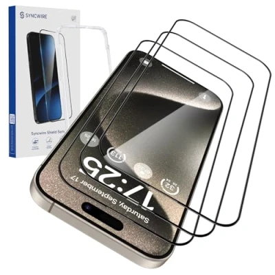 Afbeelding van SYNCWIRE 3 pack schermbeschermer voor iPhone 15 Pro, volledige dekking Pro gehard glas [eenvoudige installatie] [9H hardheid] [luchtbelvrij] [99,99% HD] Apple 6,1 inch