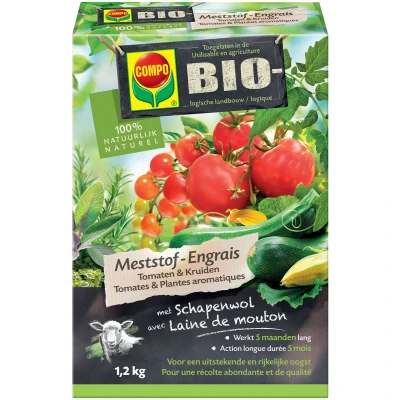 Afbeelding van COMPO Bio meststof Tomaten &amp; Kruiden 100% organische met directe en lange werking van 5 maanden voor een rijke oogst doos 1,2 kg