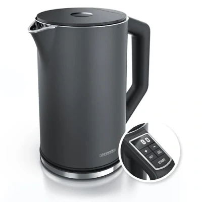 Afbeelding van Arendo Roestvrijstalen waterkoker met temperatuurinstelling 40 100 graden in stappen van 5 dubbelwandig design, model ELEGANT, 2200 W, theekoker temperatuurweergave, 1,5 liter, cool grijs