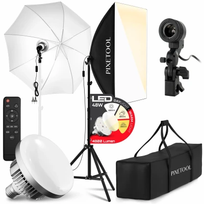 Afbeelding van Pixetool Softbox fotostudio set 50 x 70cm inclusief flitsparaplu Studiolampen LED lampen 4800 Lumen 3000 6000K 2m verstelbaar statief
