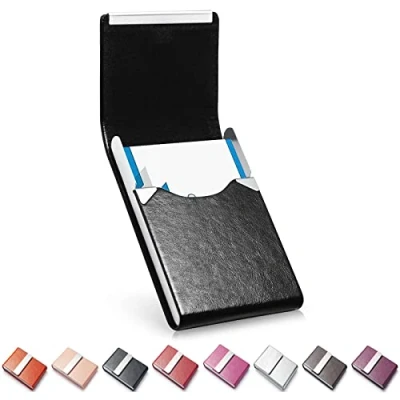Afbeelding van Visitekaartjeshouder, Luxe microfiber lederen visitekaartjehoes, metalen kaarthouder, slanke naam visitekaarthouder portemonnee voor dames en heren met magnetische sluiting (zwart),