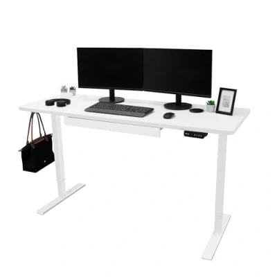 Afbeelding van Elektrisch Staand Bureau 160 x 60 cm Wit in hoogte verstelbaar ergonomisch zit naar stand Computer Werkstation Ingebouwd Lade USB A &amp; C Oplaadkabel Zak Haak Kantoor Tafel Timer Slim Bedieningspaneel