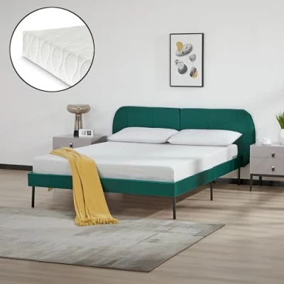 Afbeelding van Gestoffeerd bed Porvoo met bedbodem en matras 140x200 cm donkergroen [en.casa]