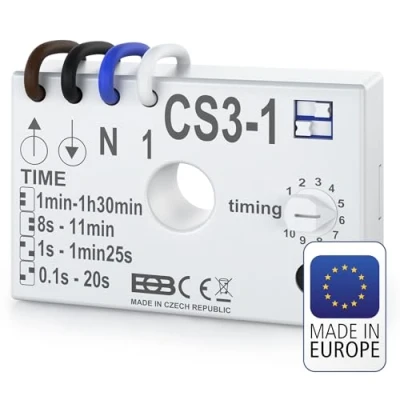Afbeelding van ELEKTROBOCK CS3C 1, nalooprelais 230 V, ideaal voor vertraagde ventilatorbediening, instelbare tijd van 1 seconde tot 90 minuten, ventilator en verlichting, inbouw