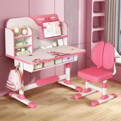 Afbeelding van Kinderbureau en stoelset, bureau voor kinderen, in hoogte verstelbaar kinderstudiebureau, verbrede bureaustoel met laden opslag, schrijfbureau cartoonpatroon meisjes,