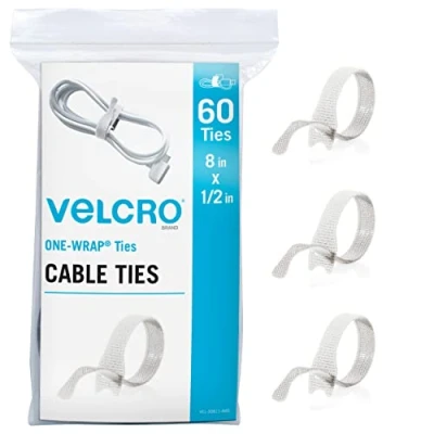 Afbeelding van Velcro Merk witte kabelbinders Heavy Duty 60 stuks bulkverpakking 8 x 1/2 inch één wikkel riemen Sterk herbruikbaar draadbeheer snoerbundeling voor thuiskantoor en datacenters