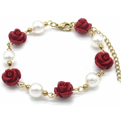 Afbeelding van Armband Dames Rozen en Parels RVS Lengte 17 21 cm Goudkleurig