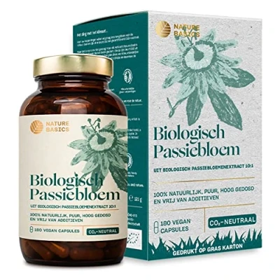 Afbeelding van Nature Basics® Organic Passionflower capsules 10:1 extract gecertificeerd &amp; duurzaam in een potje 180 hooggedoseerde veganistische met 1.100mg per dagelijkse dosis.