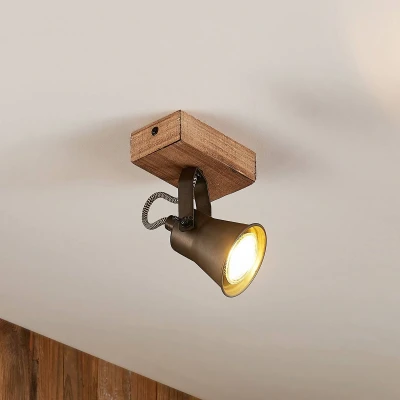 Afbeelding van Lindby halogeen spot 1licht metaal, hout H: 14 cm GU10 bruin, zwart