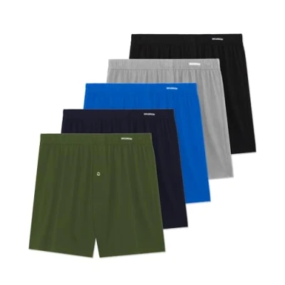 Afbeelding van FM London Set van 5 boxershorts voor heren, losse pasvorm, superzacht ondergoed 100% katoen, effen kleuren met knoopgulp en comfortabele elastische tailleband, Donker assortiment, XL,