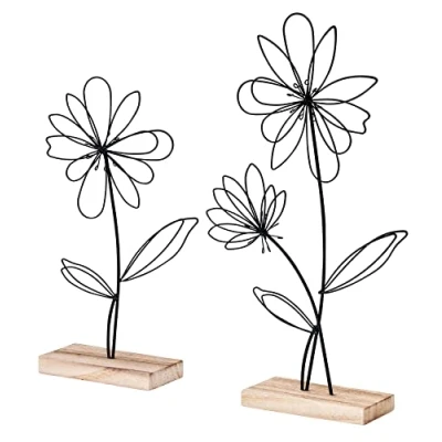Afbeelding van levandeo Staande bloem set van 2 metaal hout zwart natuurlijke draad decoratie tafeldecoratie lente figuur woondecoratie