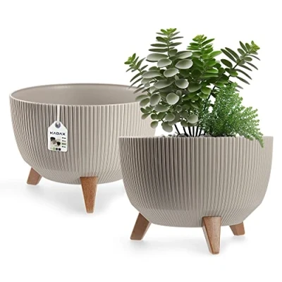 Afbeelding van Kadax Bloempot, van kunststof, met drie insteeksteunen, rond, bloemenschaal, plantenbak, bloembak, voor balkon, woonkamer, 33 cm diameter, taupe