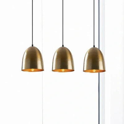 Afbeelding van Hanglamp 3 bellen op een rij Gakuli L70cm Gehamerd metaal Glanzend antiek goud Menzzo