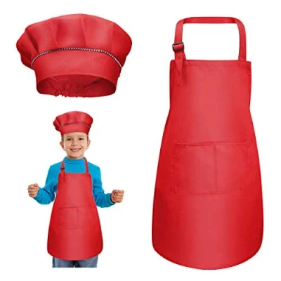 Afbeelding van kissral Kinderschort + chef kok hoed set, verstelbare keuken schort met zakken voor koken bakken schilderij 4 12 jaar oud (rood, groot)