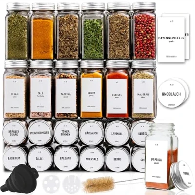 Afbeelding van Deco Haus® Kruidenpotten Vierkant Luchtdicht 24 Delige Set [incl. Etiketten &amp; Strooier] Glazen Kruidenpotjes Kruidencontainers Spice Jars Kruidenopslag Containers voor Kruiden