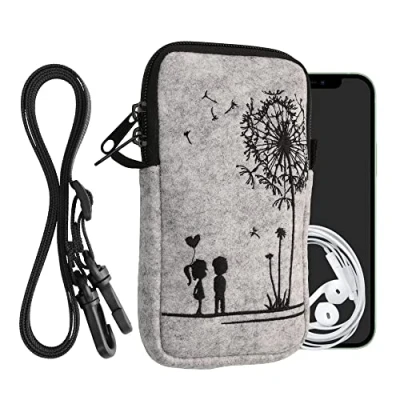 Afbeelding van kwmobile Tasje voor smartphones L 6,5&quot; Hoesje van vilt in zwart / lichtgrijs Phone case met nekkoord Paardenbloemen Liefde design