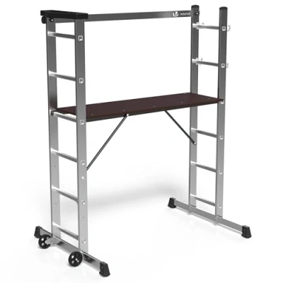 Afbeelding van VOUNOT Aluminium steiger 3 in 1 Multifunctionele Stabiele Ladder met Werkplatform: 120 x 40 cm Max. Belasting 150KG 6 Postions Mobiele op Wielen Gereedschapshouder Zilver
