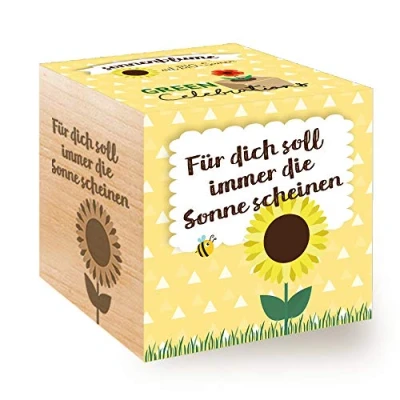 Afbeelding van Celebrations Ecocube, zonnebloem biologische zaden, houten kubus met lasergravure &quot;Für Dich Soll immer Die Sonne scheinen&quot;, duurzaam cadeau idee, kweekset, made in Austria